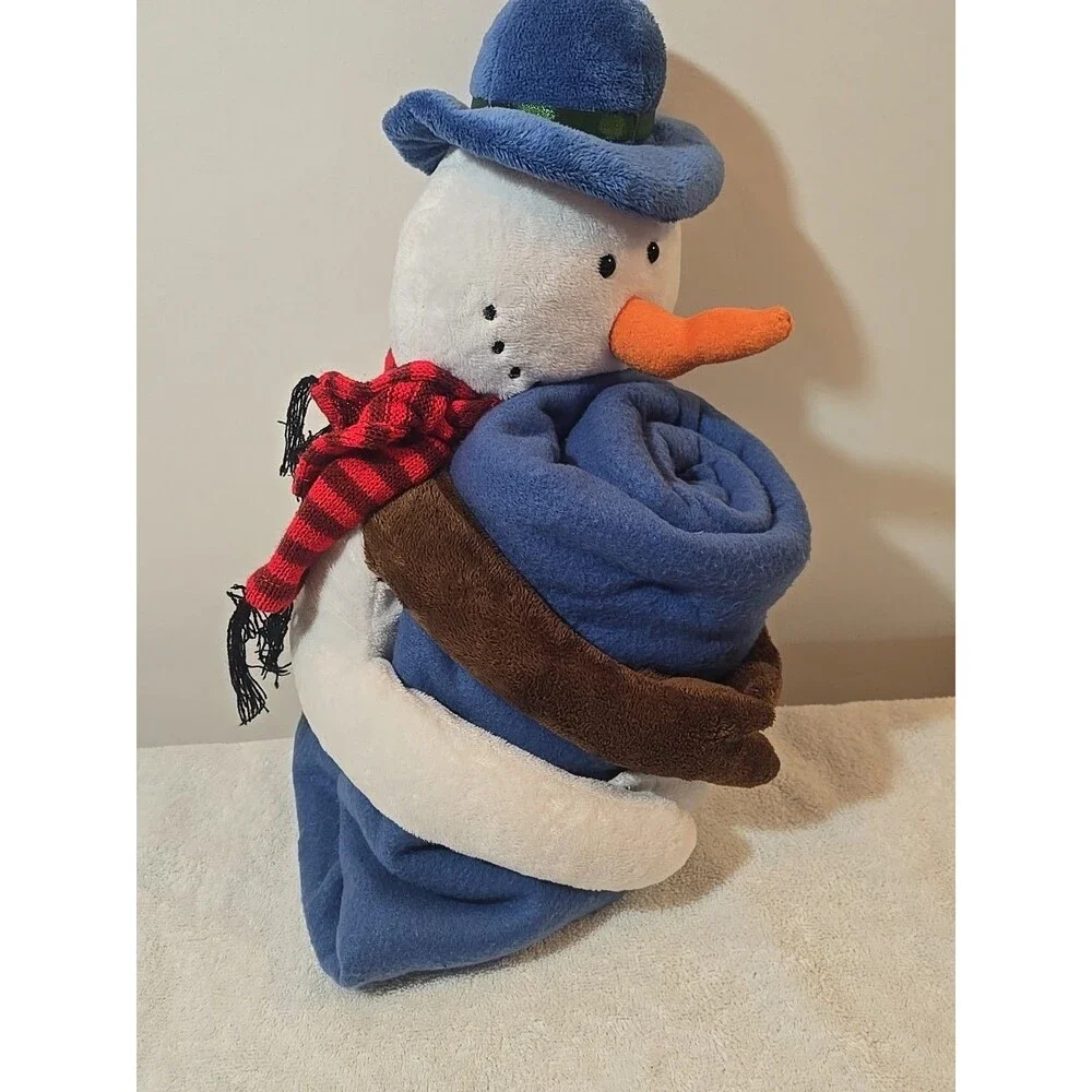 Plush Snowman Holding Blue Fleece Throw Blanket Christmas Cuddly Decoration 2010
